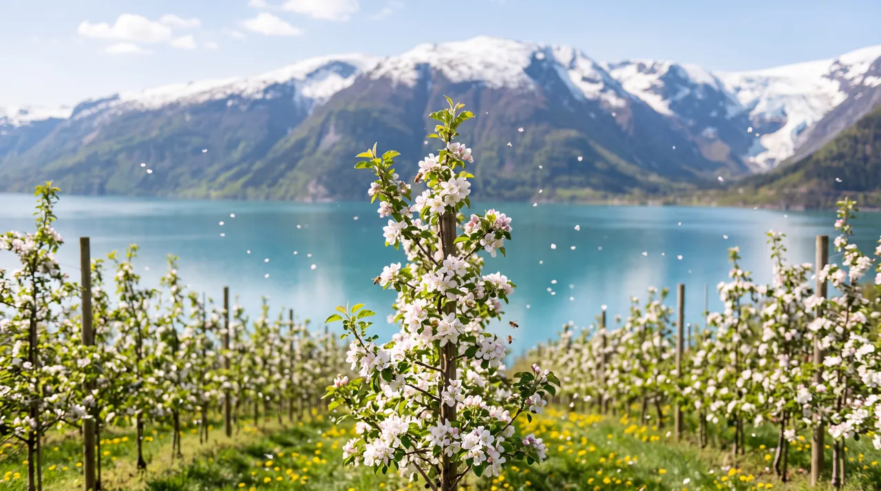 Eit epletre i full blom med bier og flygande kronblad.