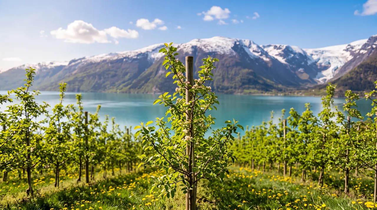 Unge epletre med friske grøne blad over fjorden.