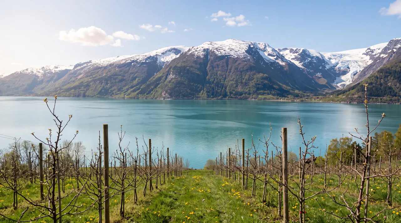 Vårleg utsikt frå ein frukthage over den turkise Hardangerfjorden, med snøkledde fjell og ein bre i bakgrunnen.